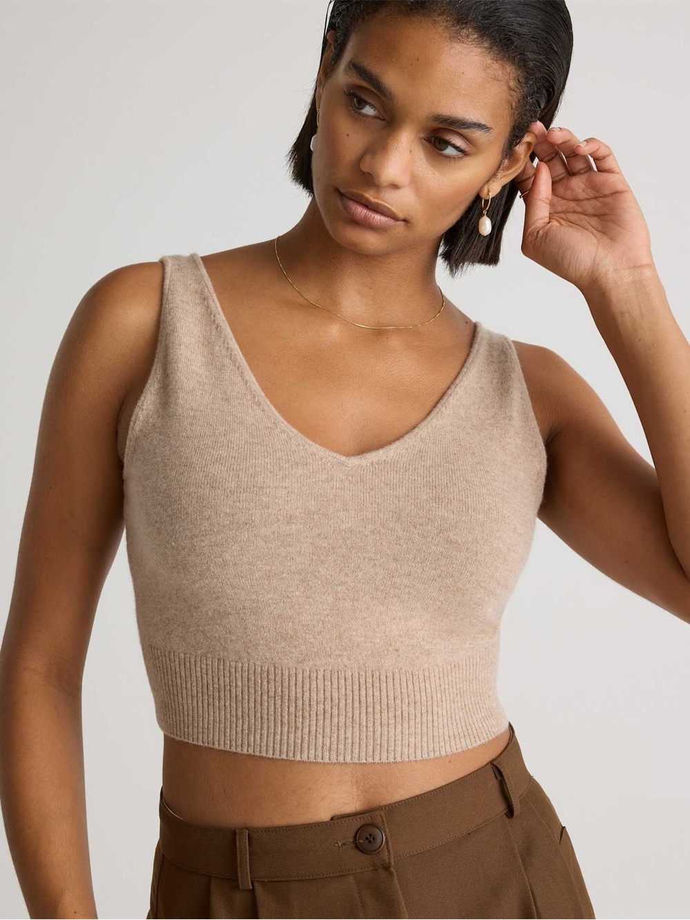 Quince Mongolian Cashmere Cropped Tank - Heather Oatmeal